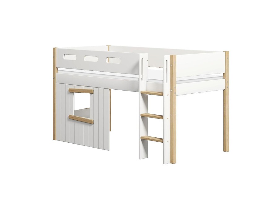 New FLEXA Halfhoogslaper, Rechte Ladder En Boomhut Bedfronten, Eiken Frame White/Oak