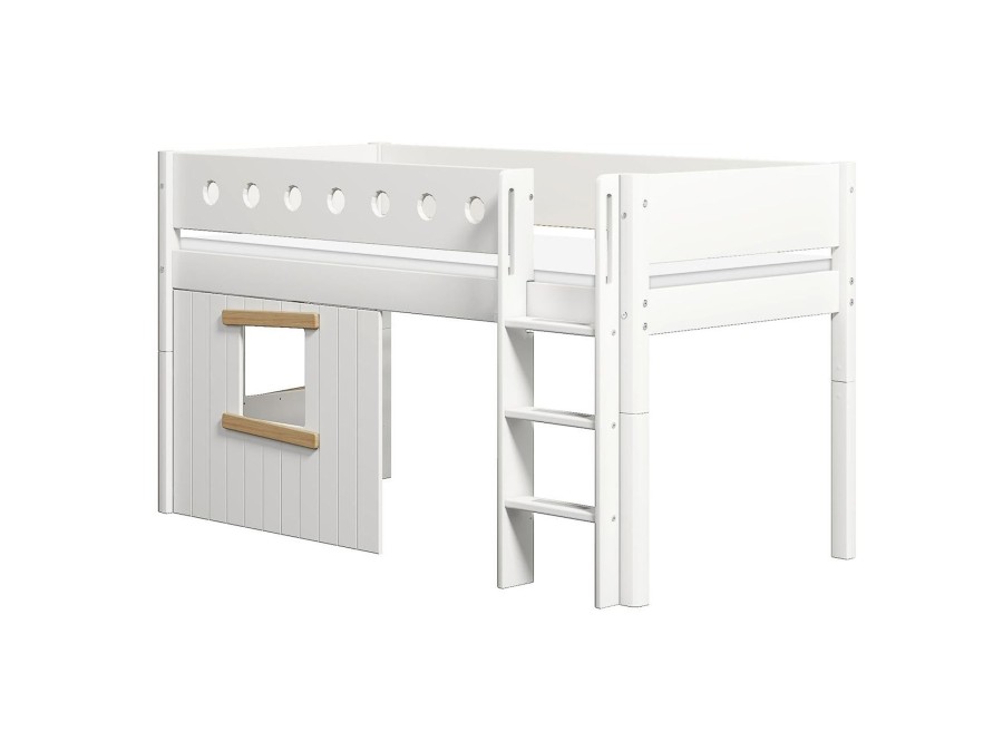 Clearance FLEXA Halfhoogslaper, Rechte Ladder En Boomhut Bedfronten, Eiken Frame White/Oak