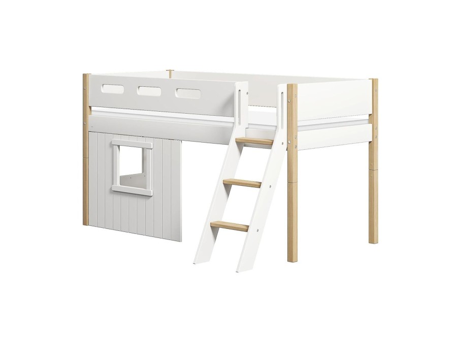 Clearance FLEXA Halfhoogslaper, Schuine Ladder En Boomhut Bedfronten, Wit Frame. White/Oak