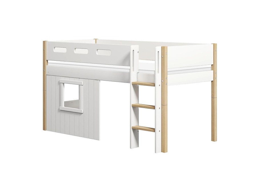 Best FLEXA Halfhoogslaper, Rechte Ladder En Boomhut Bedfronten, Wit Frame. White/Oak