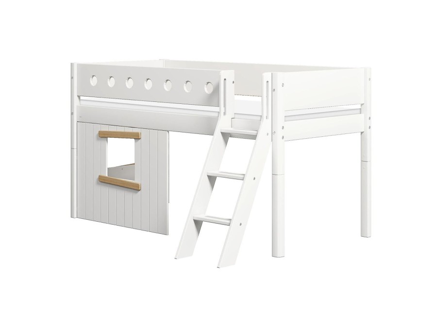 Clearance FLEXA Halfhoogslaper, Schuine Ladder En Boomhut Bedfronten, Eiken Frame White/Oak