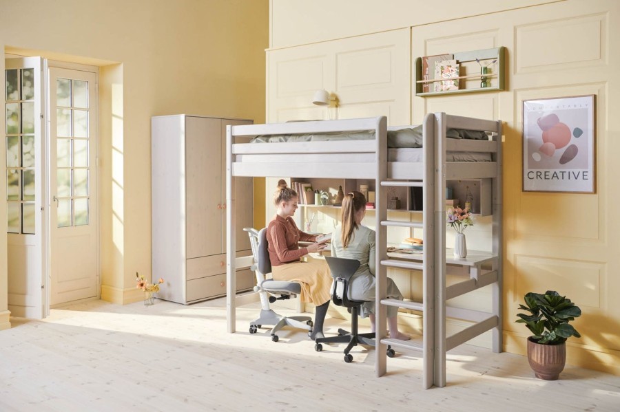 Clearance FLEXA Hoogslaper Met Rechte Ladder En Bureau Grey Washed Pine